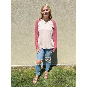 Easel Colorblock Cotton Henley Top New Pink